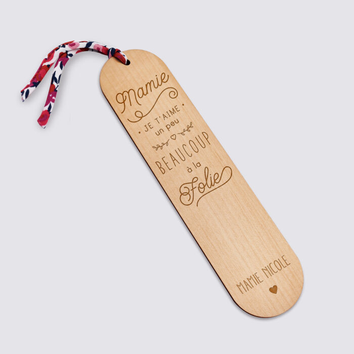 Marque page personnalisé bois gravé avec cordon liberty - édition spéciale "Mamie je t'aime" texte et pictogramme