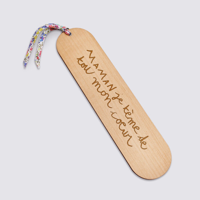 Marque page personnalisé bois gravé avec cordon liberty - édition spéciale "Mamie je t'aime" - texte manuscrit