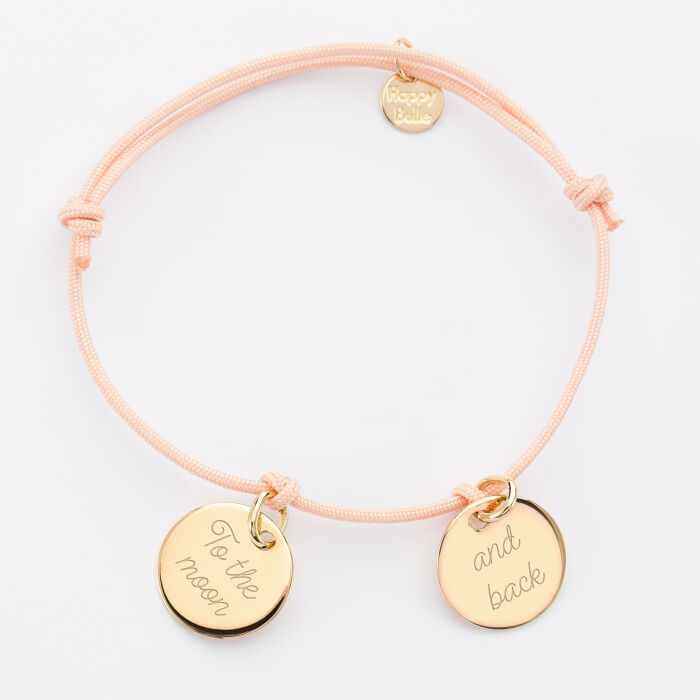 Bracelet personnalisé 2 médailles gravées plaqué or dormeuses 15mm texte