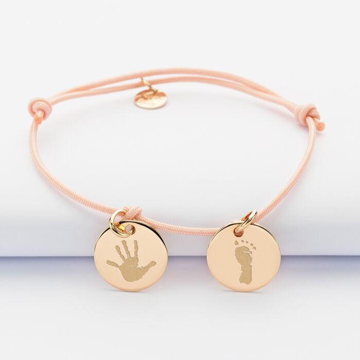Bracelet personnalisé 2 médailles gravées plaqué or dormeuses 15mm empreintes
