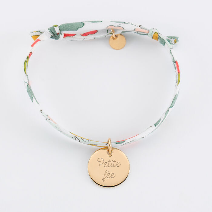 Personalised children's Liberty bracelet with personalised engraved gold plated medallion 15mm - text