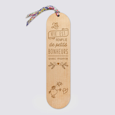 Marque page personnalisé bois gravé avec cordon liberty - édition spéciale "Petits bonheurs" - dessin 2