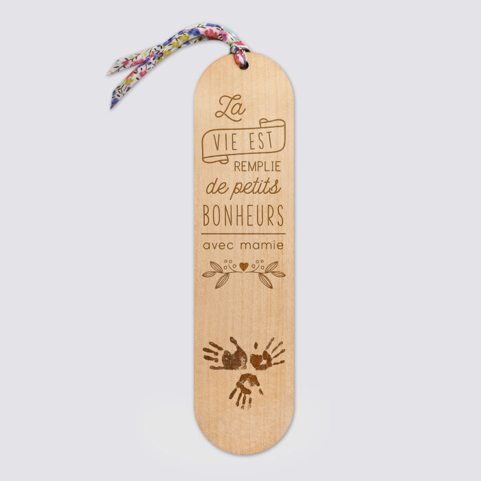 Marque page personnalisé bois gravé avec cordon liberty - édition spéciale "Petits bonheurs" - empreintes