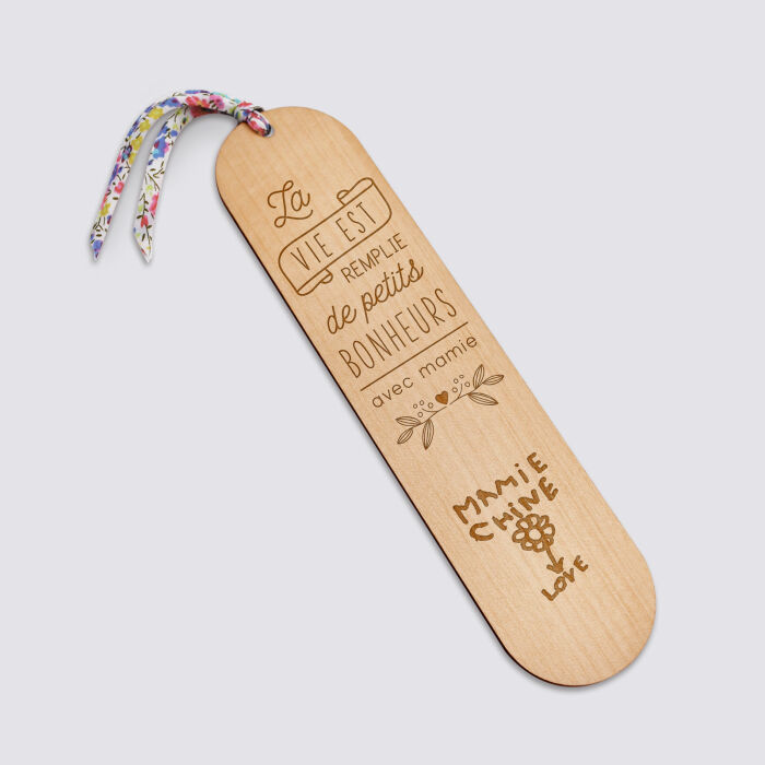 Marque page personnalisé bois gravé avec cordon liberty - édition spéciale "Petits bonheurs" - texte et dessin