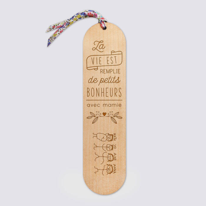 Marque page personnalisé bois gravé avec cordon liberty - édition spéciale "Petits bonheurs" - dessin