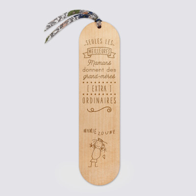Marque page personnalisé bois gravé avec cordon liberty - édition spéciale "Grand-mère extraordinaire" - dessin 3