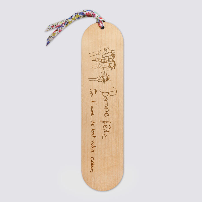 Marque page personnalisé bois gravé avec cordon liberty - texte et dessin