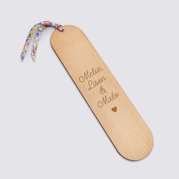 Marque page personnalisé bois gravé avec cordon liberty - prénoms