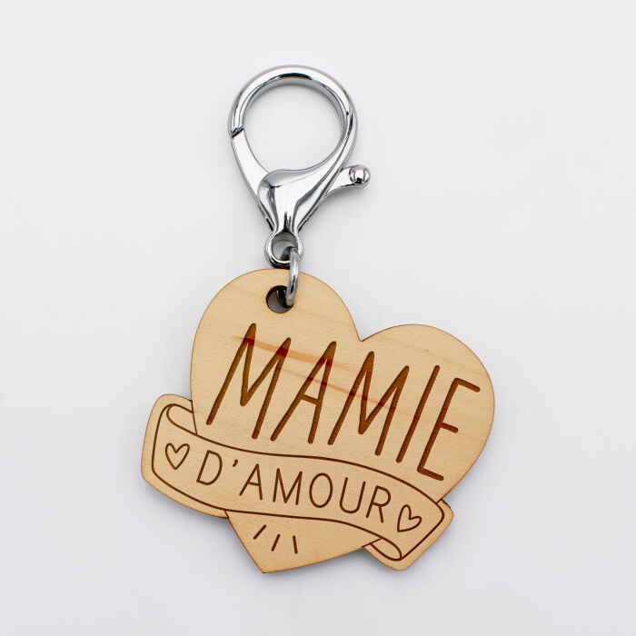 Porte-clés personnalisé gravé bois médaille coeur 47x50 mm - édition spéciale "mamie d'amour"