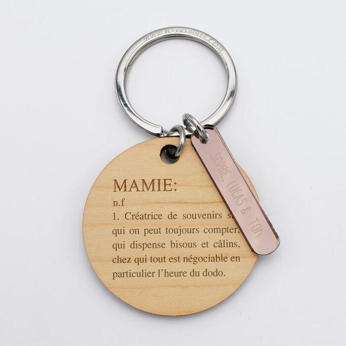 Porte-clés personnalisé gravé bois médaille ronde 50 mm et breloque acrylique miroir rose  40x8 mm - Mamie