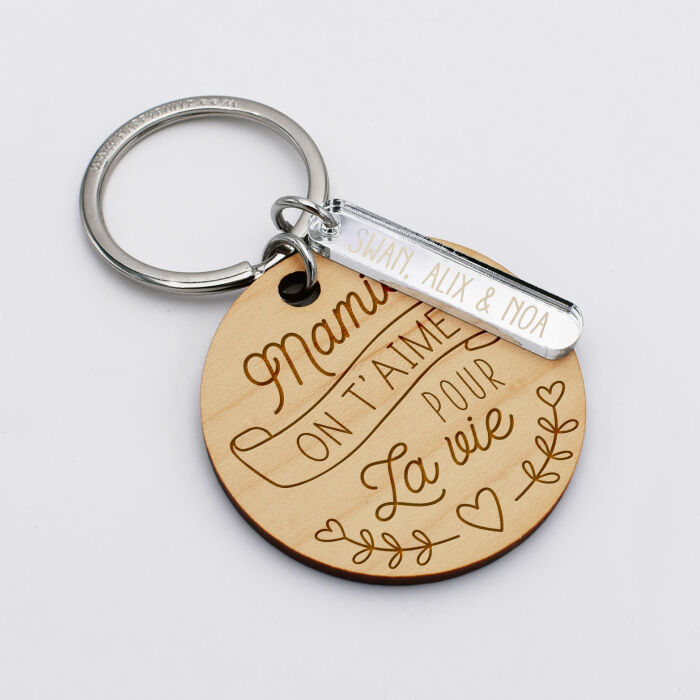 Porte-clés personnalisé gravé bois médaille ronde 50 mm et breloque acrylique miroir argent 40x8 mm - Mamie on t'aime