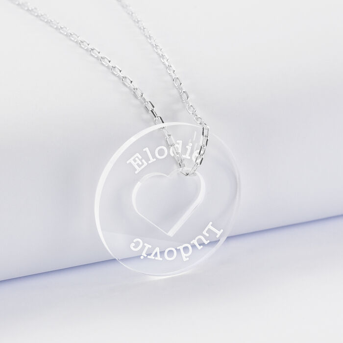 Pendentif personnalisé médaille gravée acrylique cible coeur 28 mm - prénoms 2