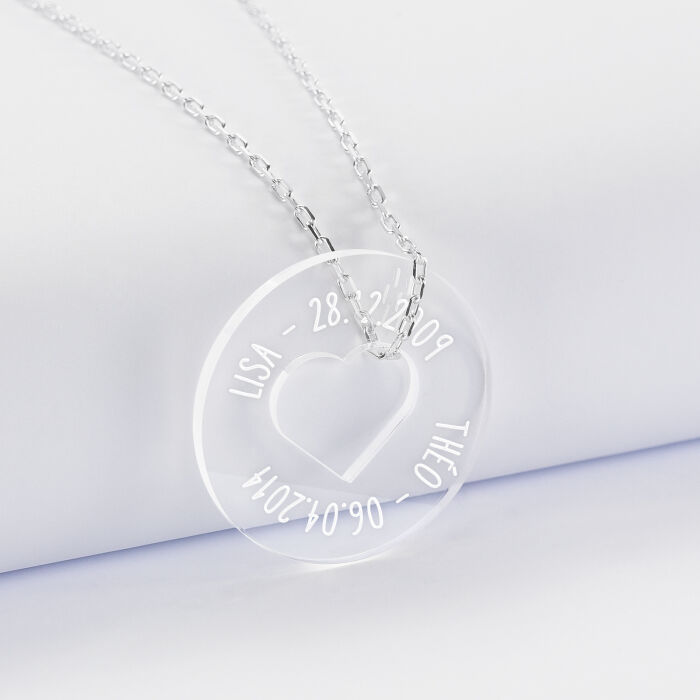 Pendentif personnalisé médaille gravée acrylique cible coeur 28 mm - prénoms 3