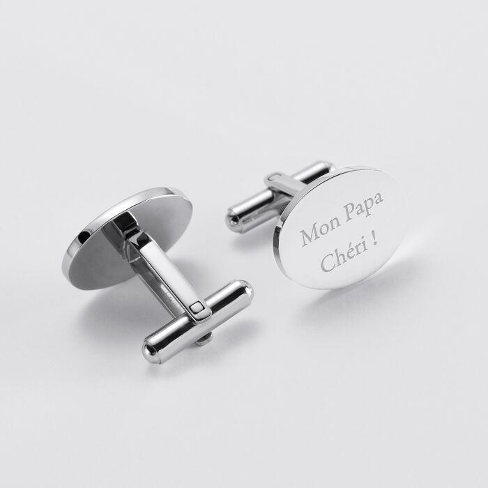 Boutons de manchettes personnalisés gravés plaqué argent ovale 15x19 mm - texte