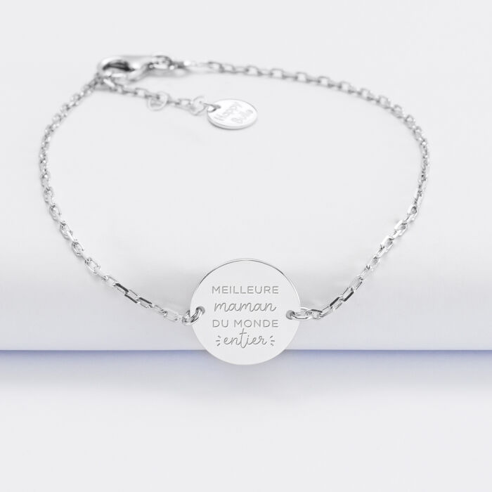 Bracelet chaîne Maman personnalisé médaille gravée argent 2 trous 15 mm monde entier