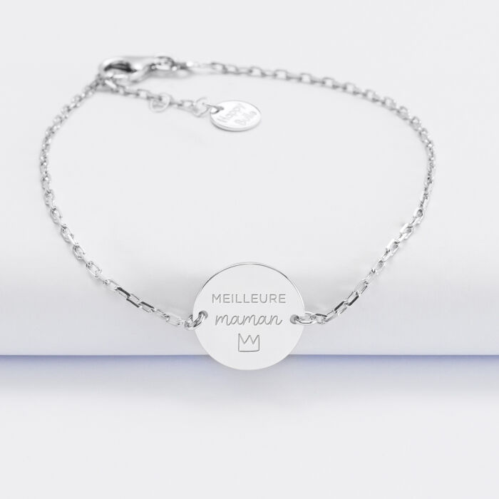 Bracelet chaîne Maman personnalisé médaille gravée argent 2 trous 15 mm maman couronne
