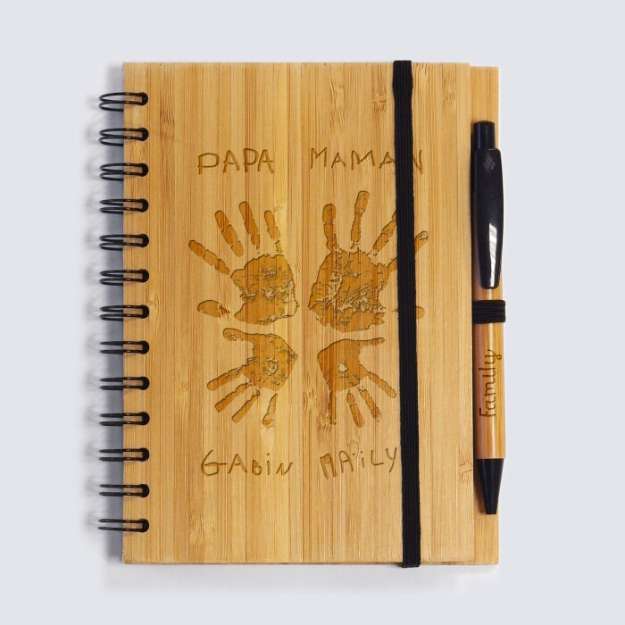 Personalised bamboo notebook and engraved pen - imprints