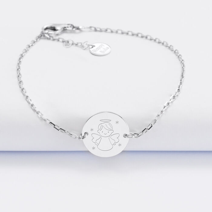 Bracelet baptême enfant chaîne personnalisé médaille gravée argent 2 trous 15 mm ange