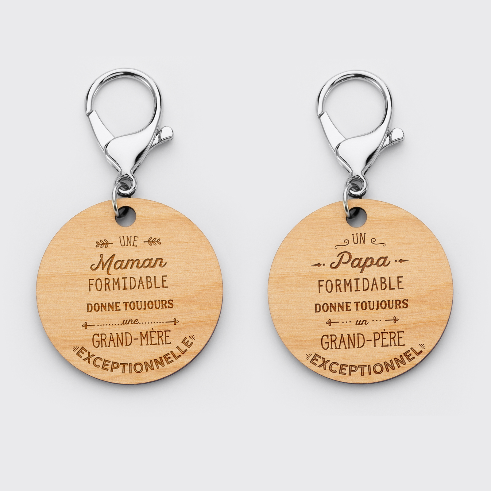 Duo de porte-clés bois médailles rondes gravées 50 mm Papy et Mamie