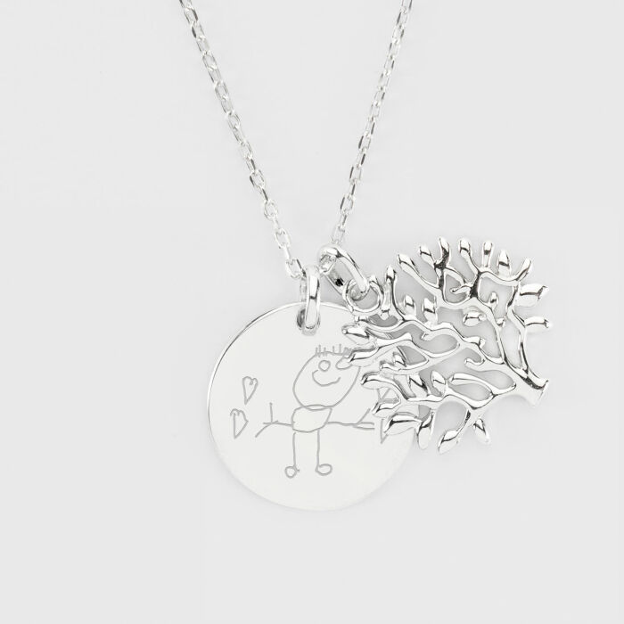 Pendentif famille personnalisé arbre de vie et médaille gravée argent 19 mm dessin