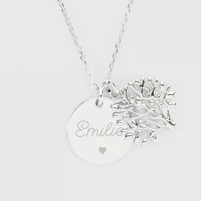 Pendentif famille personnalisé arbre de vie et médaille gravée argent 19 mm texte picto