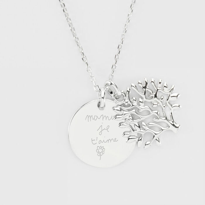 Pendentif famille personnalisé arbre de vie et médaille gravée argent 19 mm mamie je taime