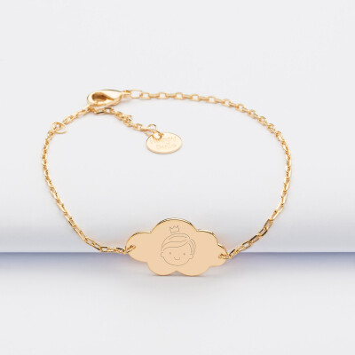 Bracelet chaîne baptême enfant personnalisé médaille gravée plaqué or nuage 2 trous 20x14 mm bouille garçon