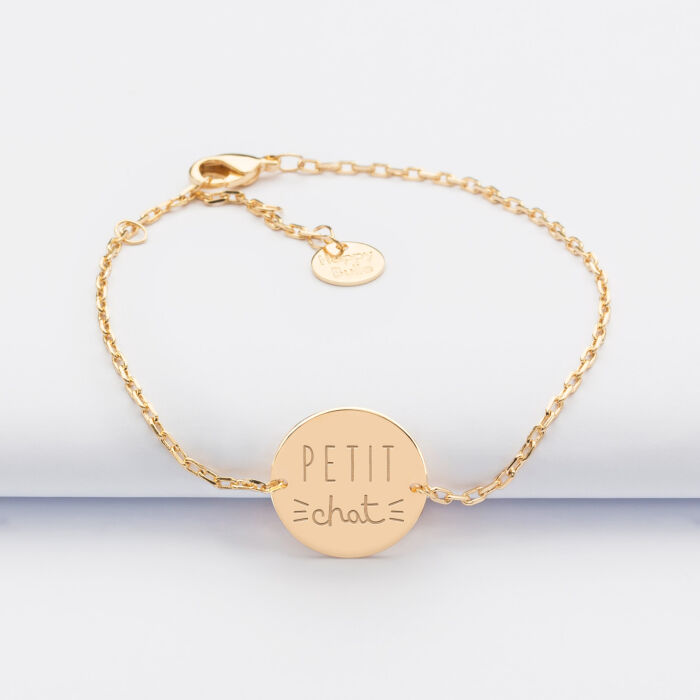 Bracelet chaîne enfant "Les Petits" personnalisé médaille gravée plaqué or 2 trous 15 mm petit chat