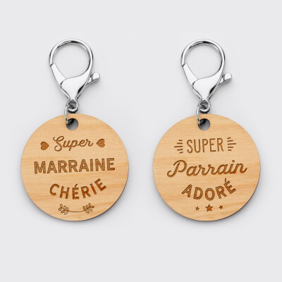 Pack 2 porte-clés gravés bois médailles rondes 50 mm  Parrain et Marraine