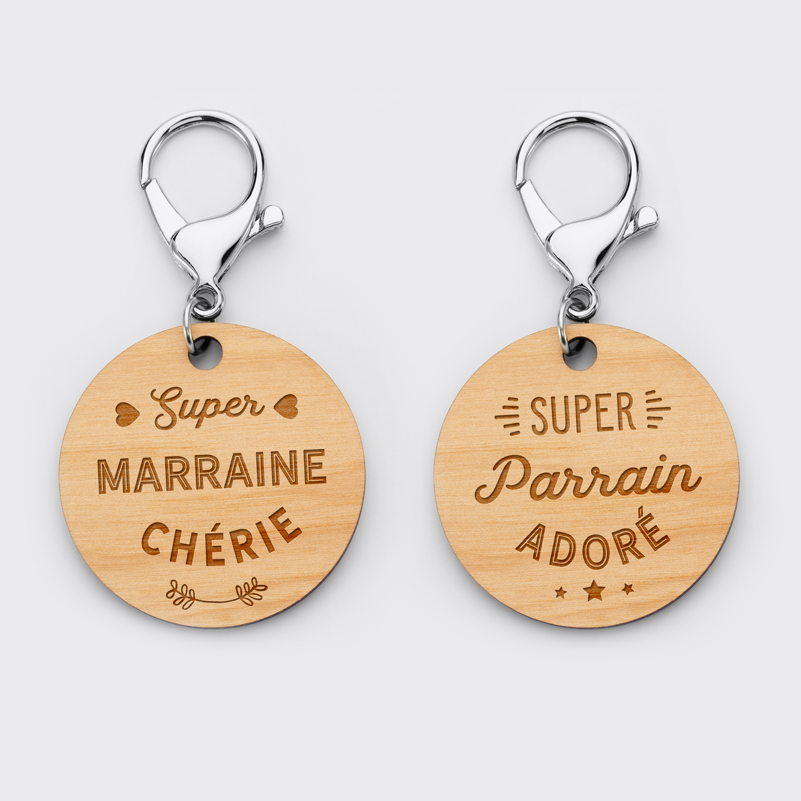 Porte-clés bois et breloque acrylique miroir personnalisés médaille ronde  50 mm et 40x8 mm gravées