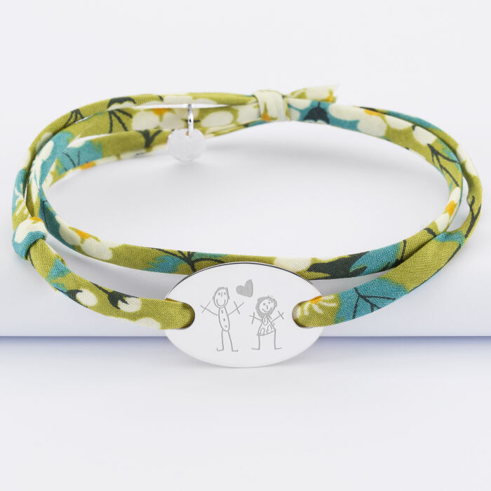 Liberty 2 turn bracelet with personalised engraved oval silver medallion 25x16mm - sketch