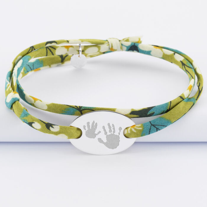 Bracelet 2 tours Liberty personnalisé médaille gravée argent ovale 25x16 mm - empreintes