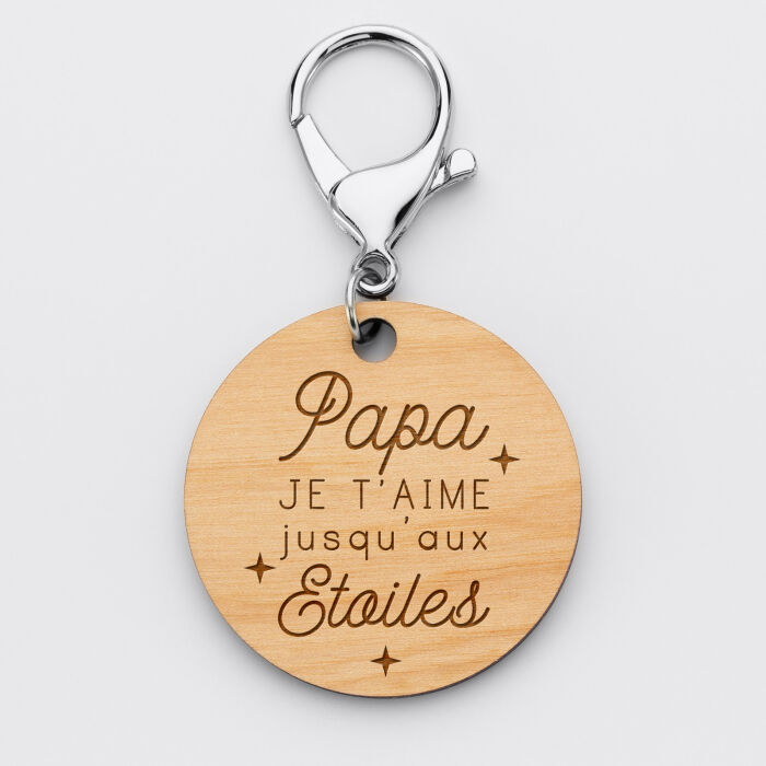 Porte-clés papa gravé bois médaille ronde 50 mm jusqu'aux étoiles