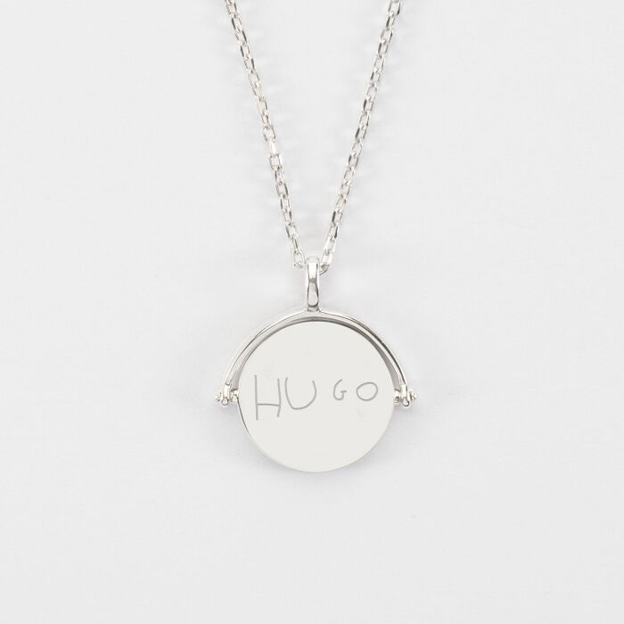 Pendentif personnalisé médaille gravée nacre réversible argent 15 mm prenom manuscrit