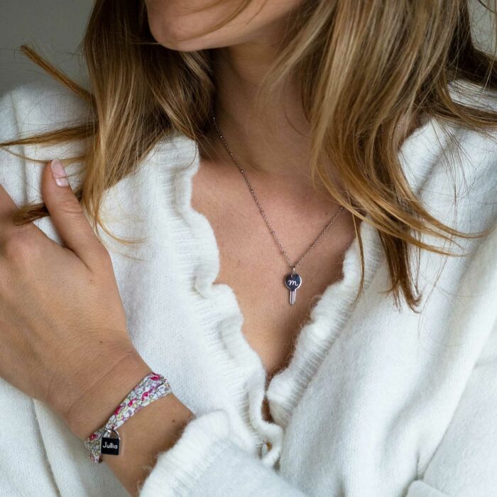 Bracelet 3 tours Liberty personnalisé médaille gravée argent cadenas 15x11mm - porté duo