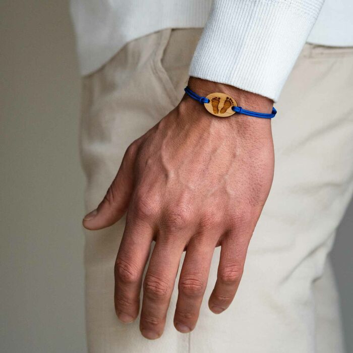 Men's double cord bracelet with personalised engraved 2 holes wooden oval medallion 25x17mm