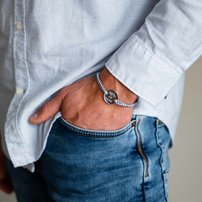 Personalised men bracelet simple braided cord engraved silver disc 2 holes 20mm