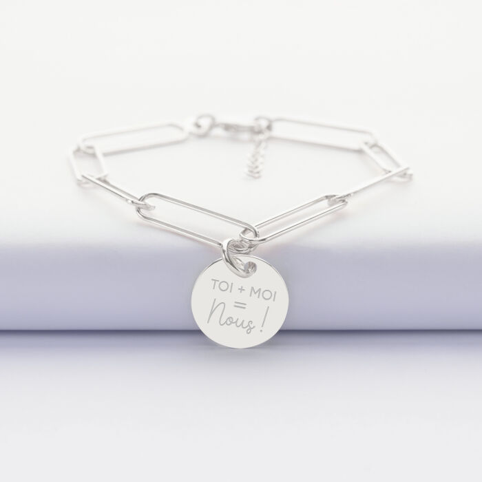 Bracelet personnalisé grandes mailles médaille gravée argent 15 mm - illustration