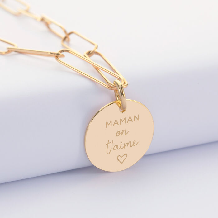 Personalised pendant large mesh medal engraved gold plated 19 mm