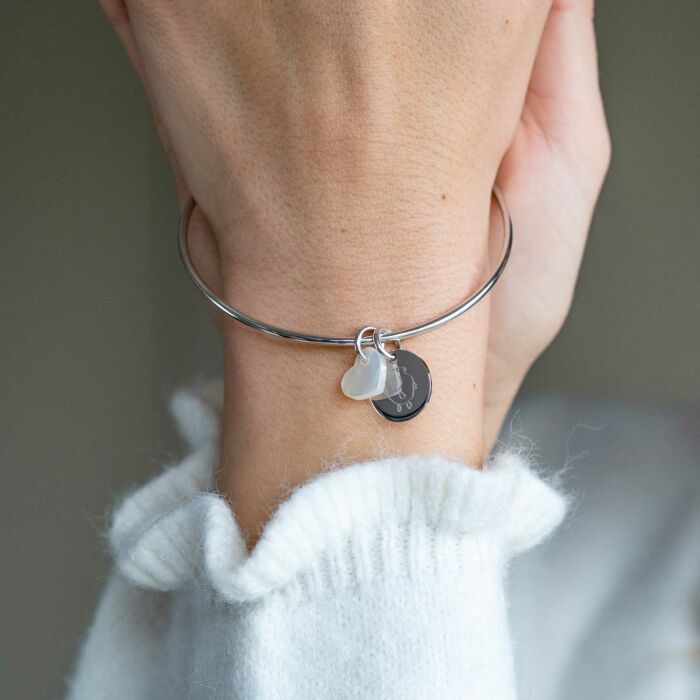 Personalised silver bangle and engraved disc pendant 15mm and mother-of-pearl 10mm
