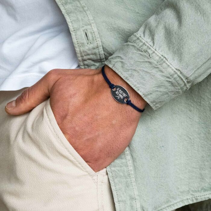 Men's double cord bracelet with personalised engraved oval silver medallion 25x16mm