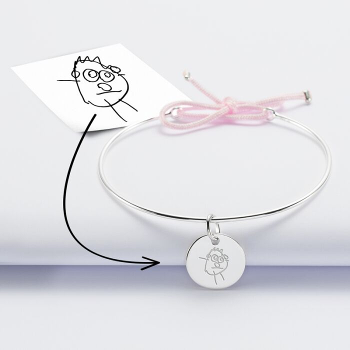 Bracelet personnalisé jonc argent et cordon médaille gravée 15 mm - tutoriel