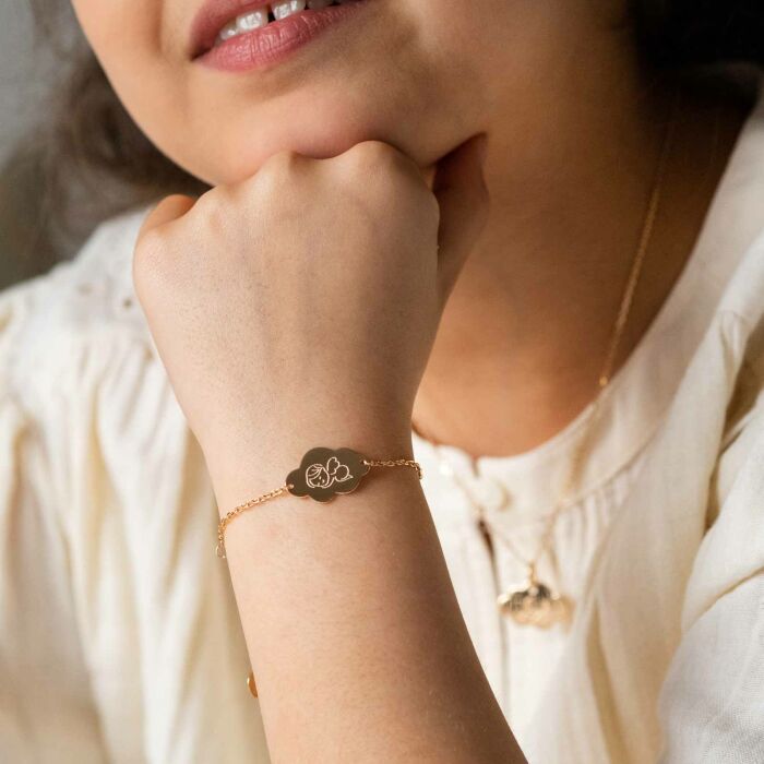 Personalised engraved gold plated cloud 2 holes medallion children's baptism chain bracelet 20x14mm