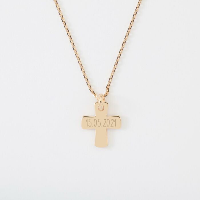 Pendentif enfant personnalisé prénom médaille gravée plaqué or croix 15x13 mm - date