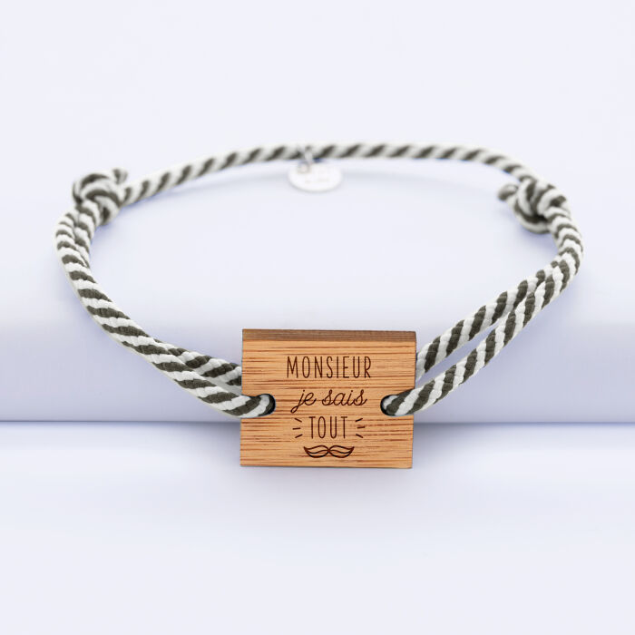 Personalised men's bracelet braided cord engraved 2 holes wooden rectangular medallion 22x18mm