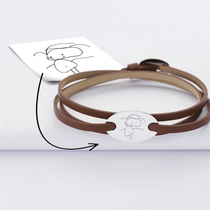 Bracelet 3 tours cuir personnalisé médaille gravée argent ovale 2 trous 25x16 mm tutoriel