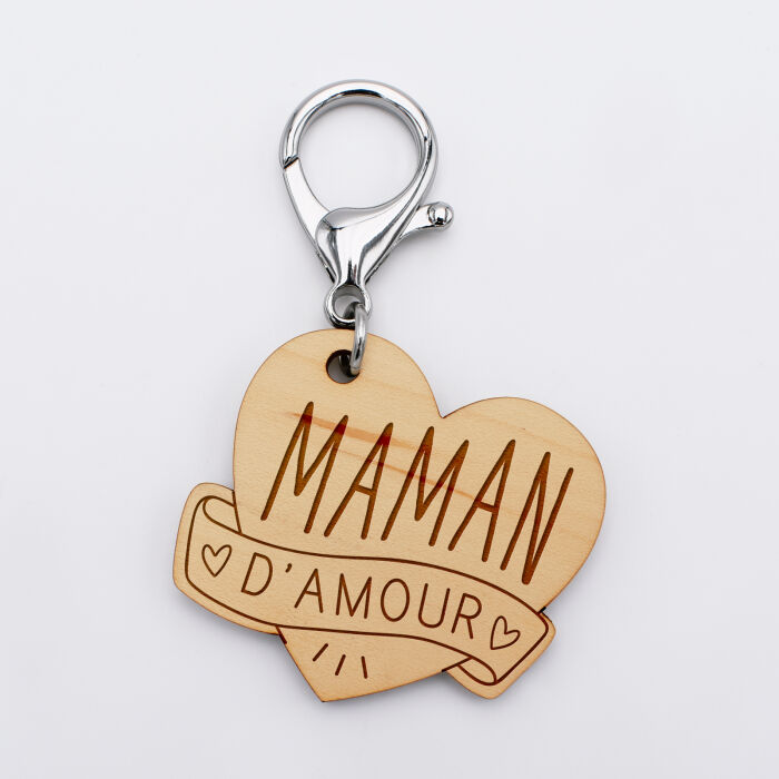 Porte-clés gravé bois médaille coeur 47x50 mm - édition spéciale "maman d'amour"