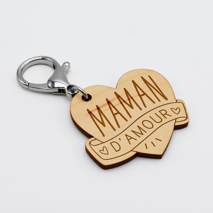 Porte-clés gravé bois médaille coeur 47x50 mm - édition spéciale "maman d'amour" - biais
