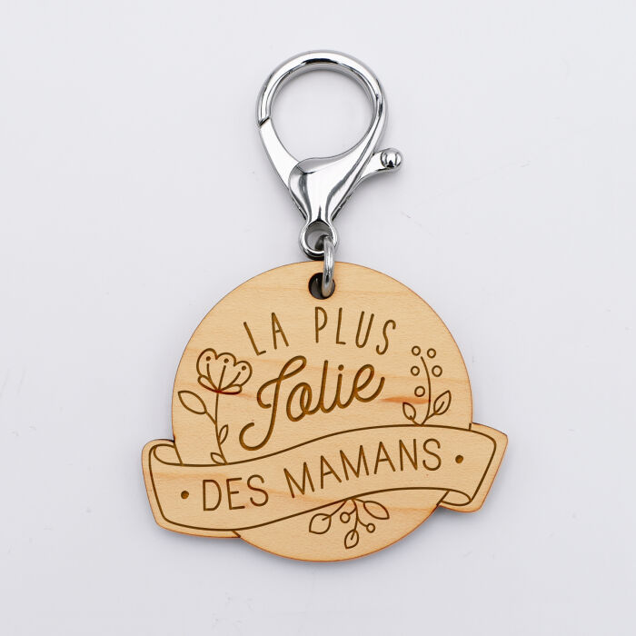 Porte-clés personnalisé gravé bois médaille ronde 45x55 mm - édition spéciale "La plus jolie des mamans"