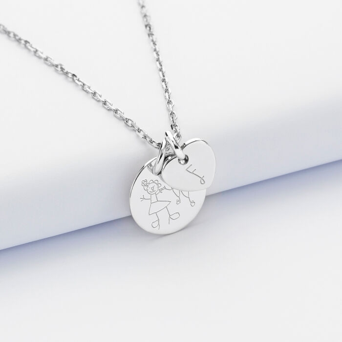 Pendentif personnalisé médaille gravée argent 15 mm et breloque coeur 10 mm - dessin